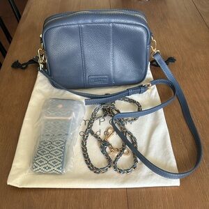 Pom Pom London City Bag in Slate Blue with leather strap & 2 additional straps.